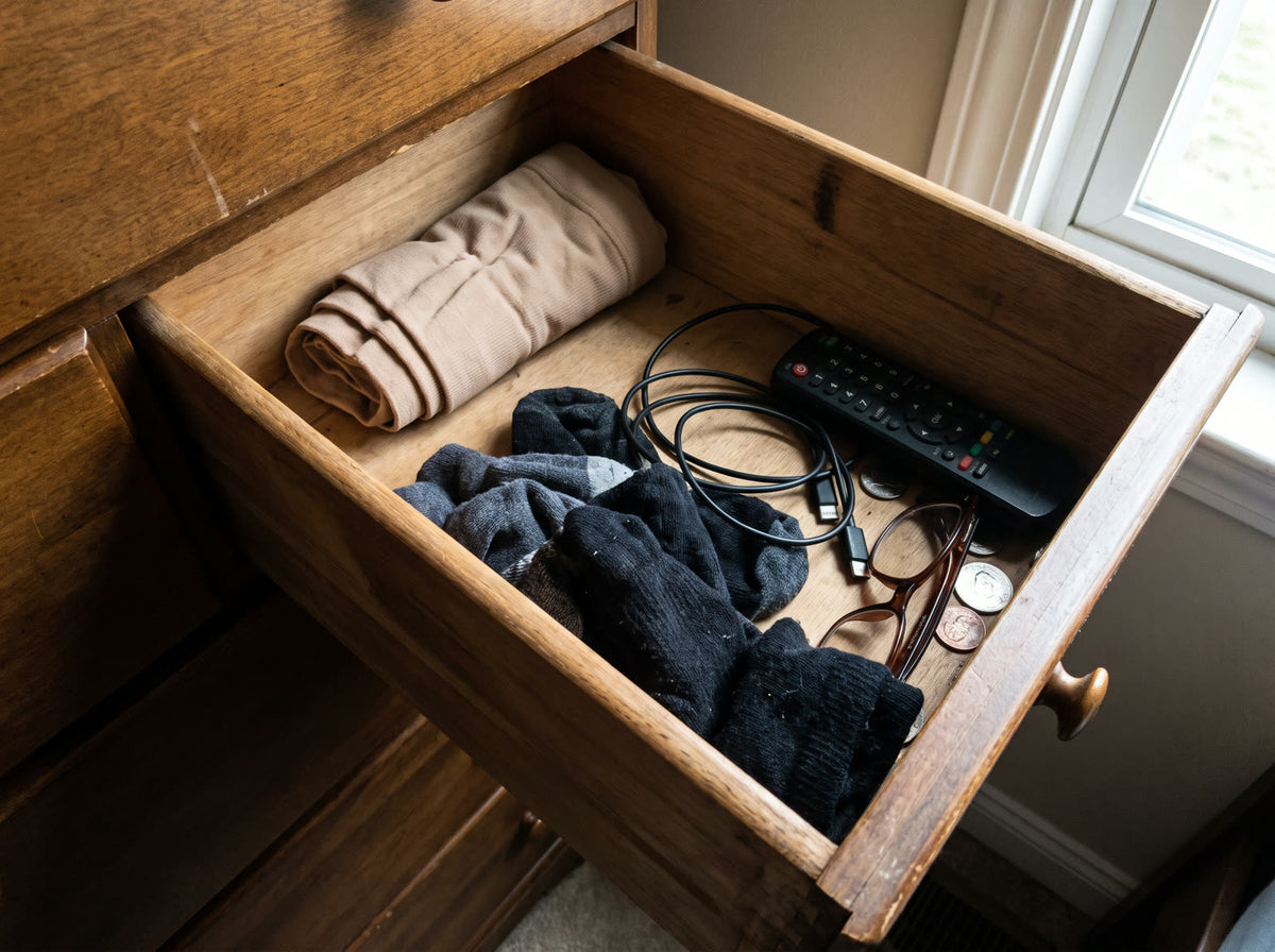 Une paire de bas de contention roulee au fond d un tiroir de commode