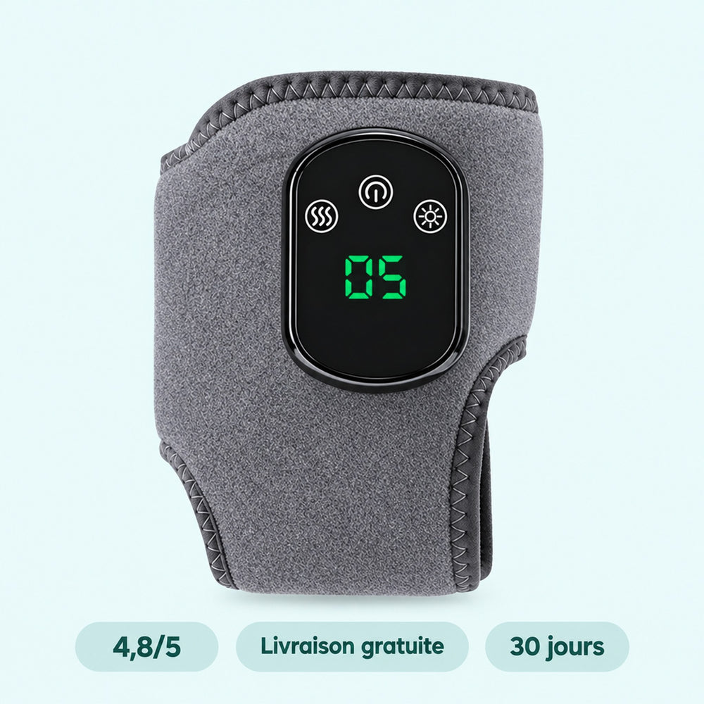 Flexova, genouillère chauffante et massante : l'appareil et son panneau de contrôle, noté 4,8 sur 5, livraison gratuite et 30 jours satisfait ou remboursé
