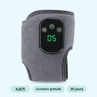Flexova, genouillère chauffante et massante : l'appareil et son panneau de contrôle, noté 4,8 sur 5, livraison gratuite et 30 jours satisfait ou remboursé