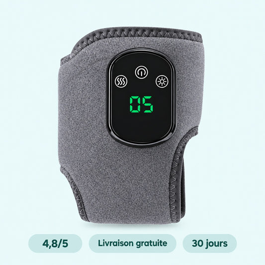 Flexova, genouillère chauffante et massante : l'appareil et son panneau de contrôle, noté 4,8 sur 5, livraison gratuite et 30 jours satisfait ou remboursé