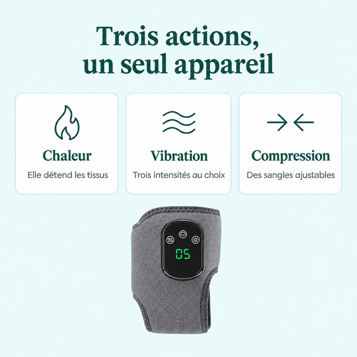 Trois actions dans un seul appareil : une chaleur qui détend les tissus, un massage par vibration à trois intensités, une compression par sangles ajustables