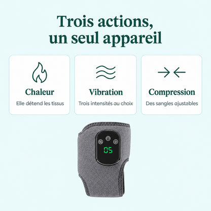 Trois actions dans un seul appareil : une chaleur qui détend les tissus, un massage par vibration à trois intensités, une compression par sangles ajustables