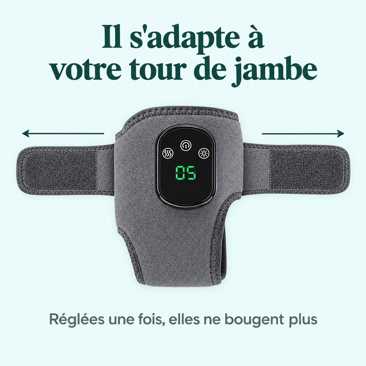 Flexova s'adapte à votre tour de jambe : l'appareil ouvert à plat, ses deux sangles ajustables réglées une fois pour toutes