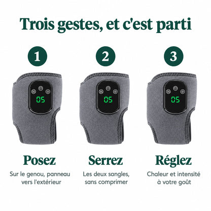 Trois gestes pour s'en servir : posez l'appareil sur le genou, serrez les deux sangles sans comprimer, réglez la chaleur et l'intensité